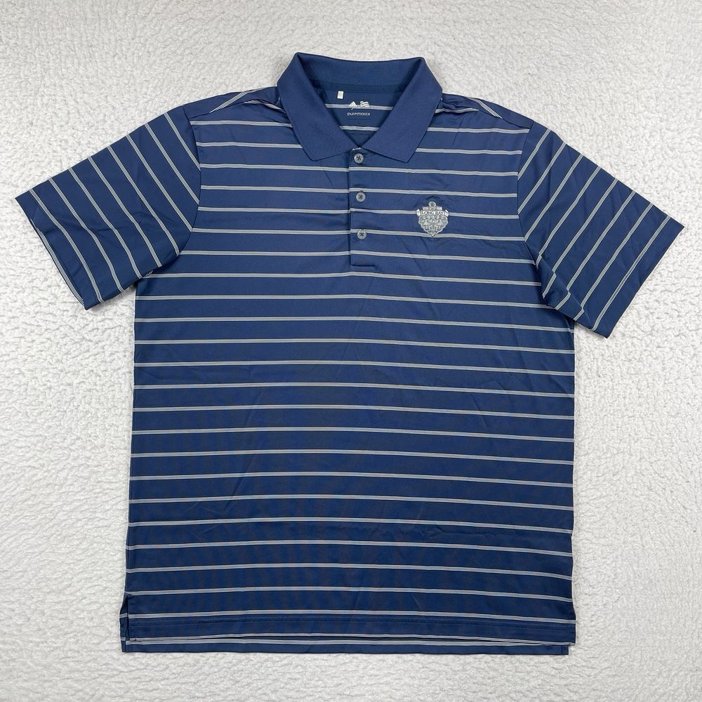 Adidas Polo Shirt Mens Large Navy Blue Striped Puremotion Long Bay Club Golf Top